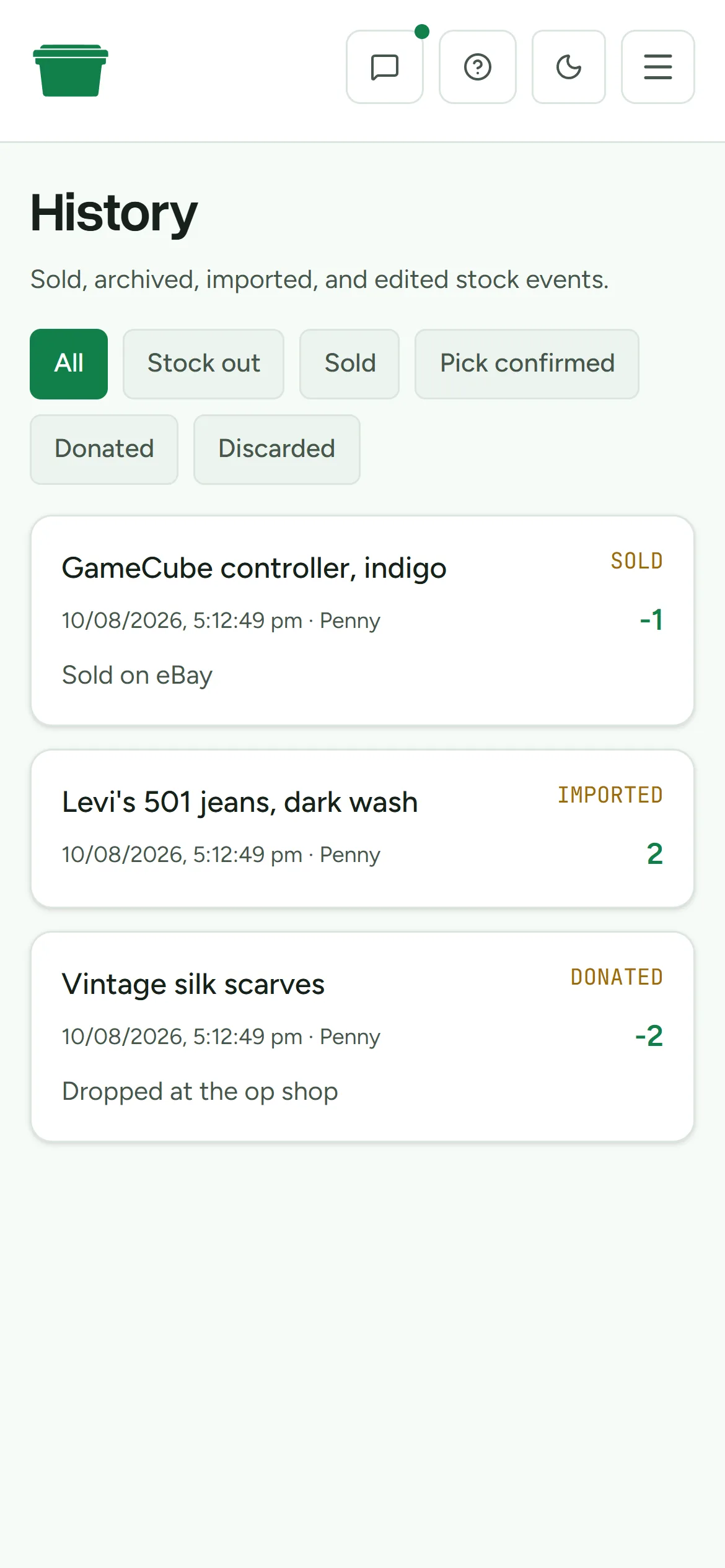 The History page showing sold, imported, and donated events