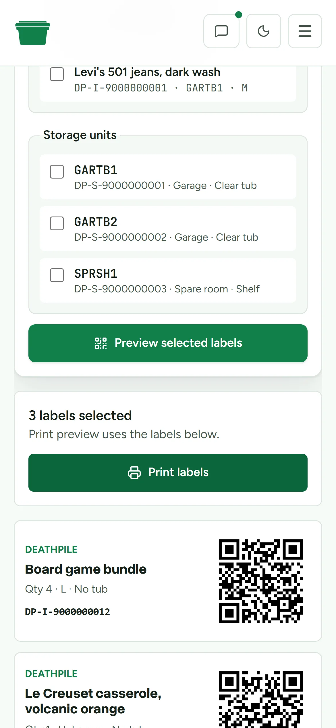 QR label previews for stock items and a storage tub