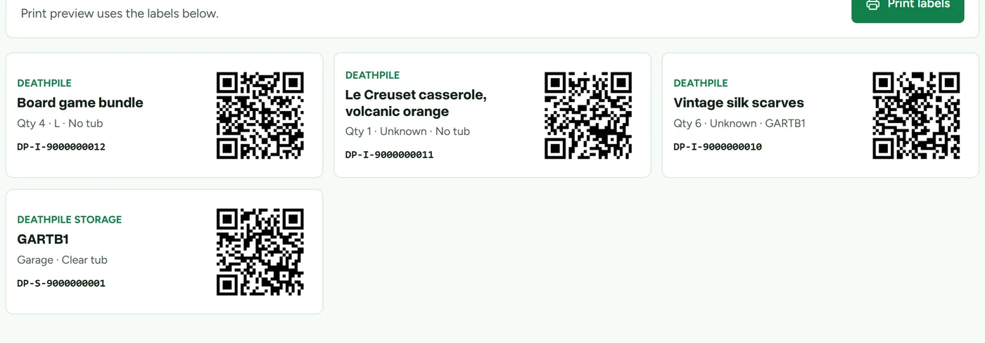 QR label previews for stock items and a storage tub