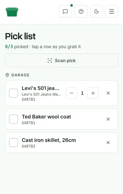 Deathpile mobile pick list grouped by location with scan confirmation