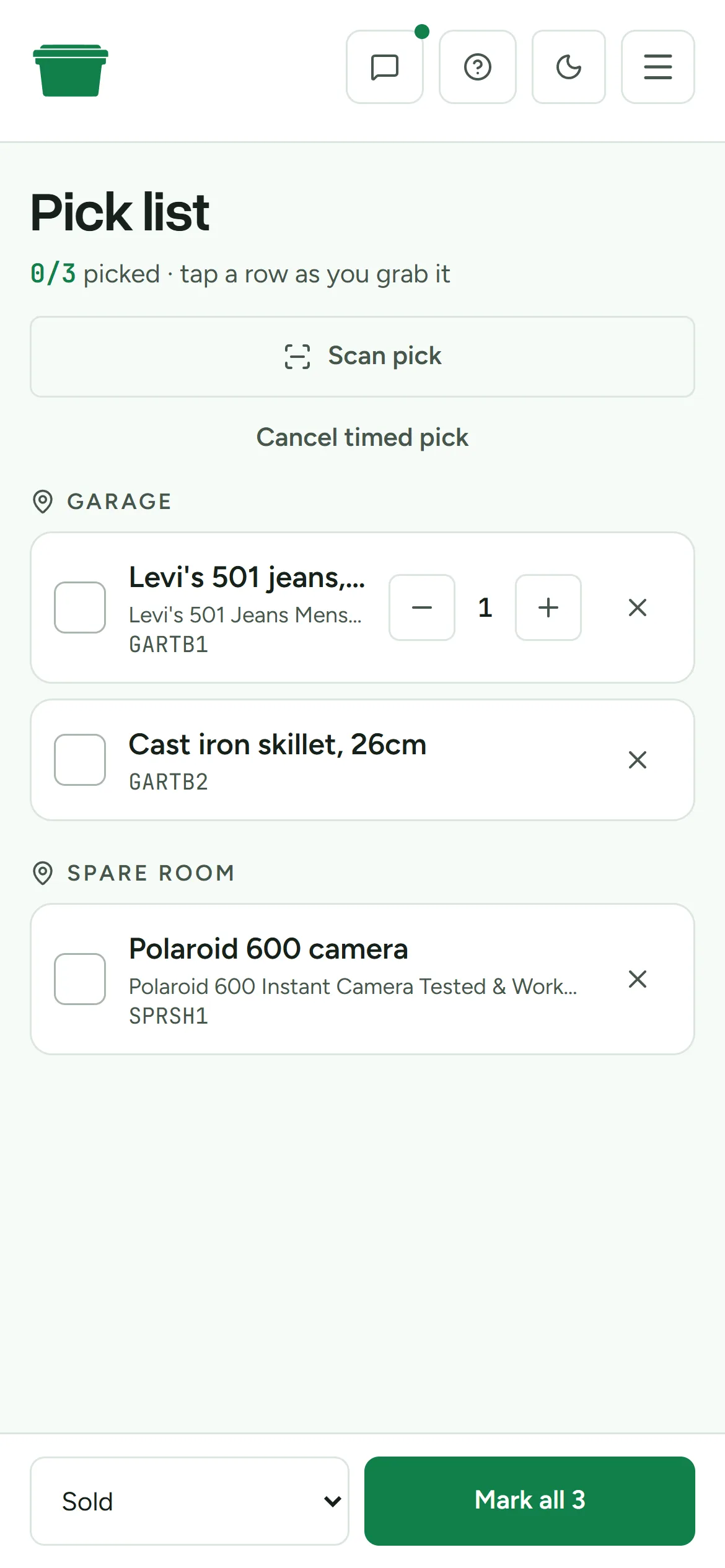 Deathpile mobile pick list grouped by location with scan confirmation