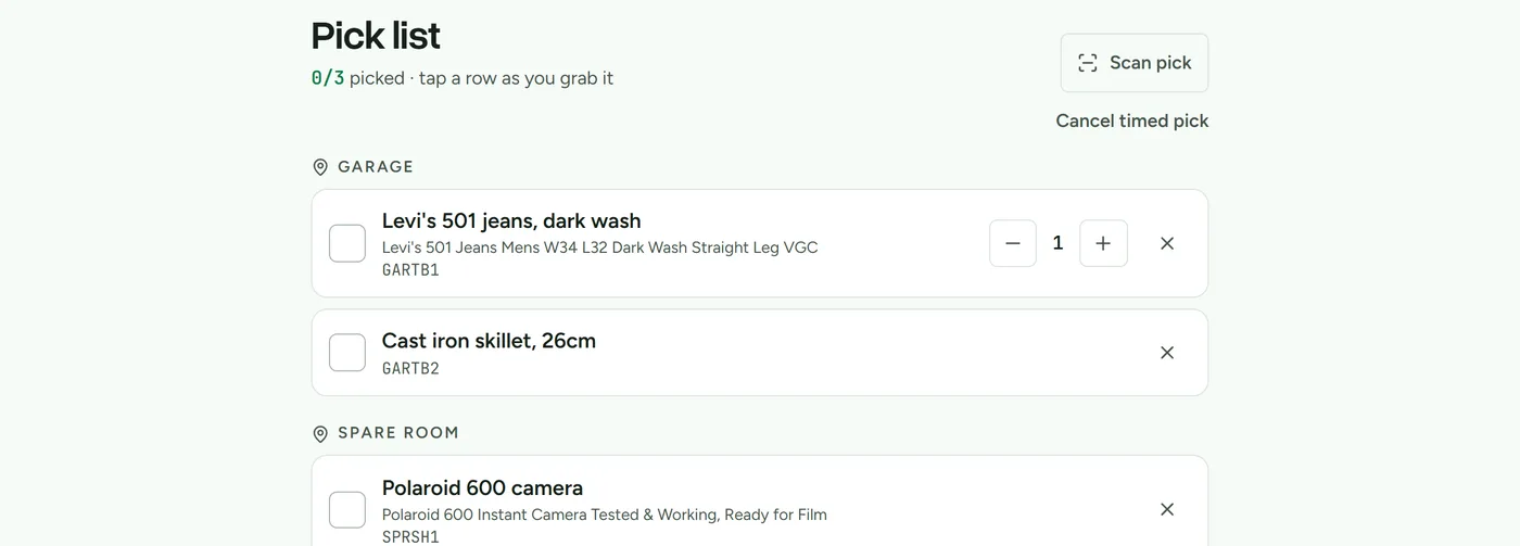Deathpile mobile pick list grouped by location with scan confirmation