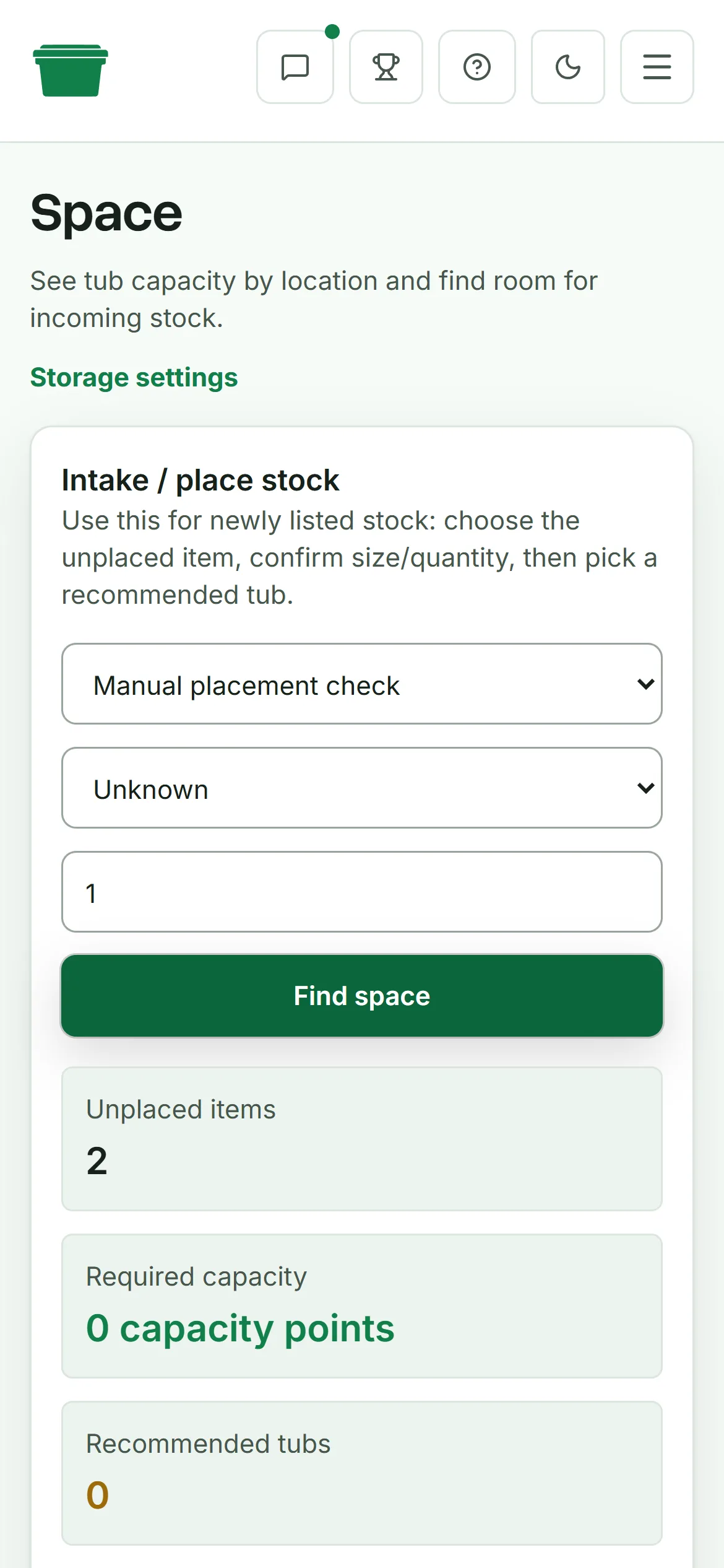 Deathpile space page showing stock intake and tub capacity by location