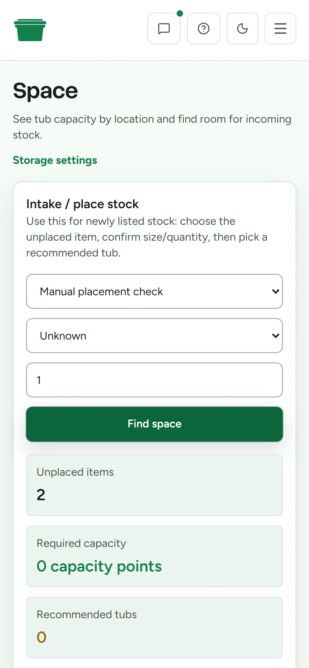 Deathpile space page showing stock intake and tub capacity by location