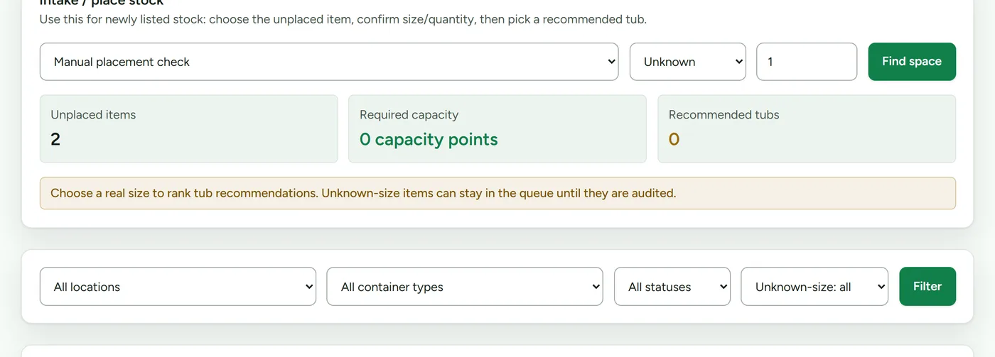 Deathpile space page showing stock intake and tub capacity by location