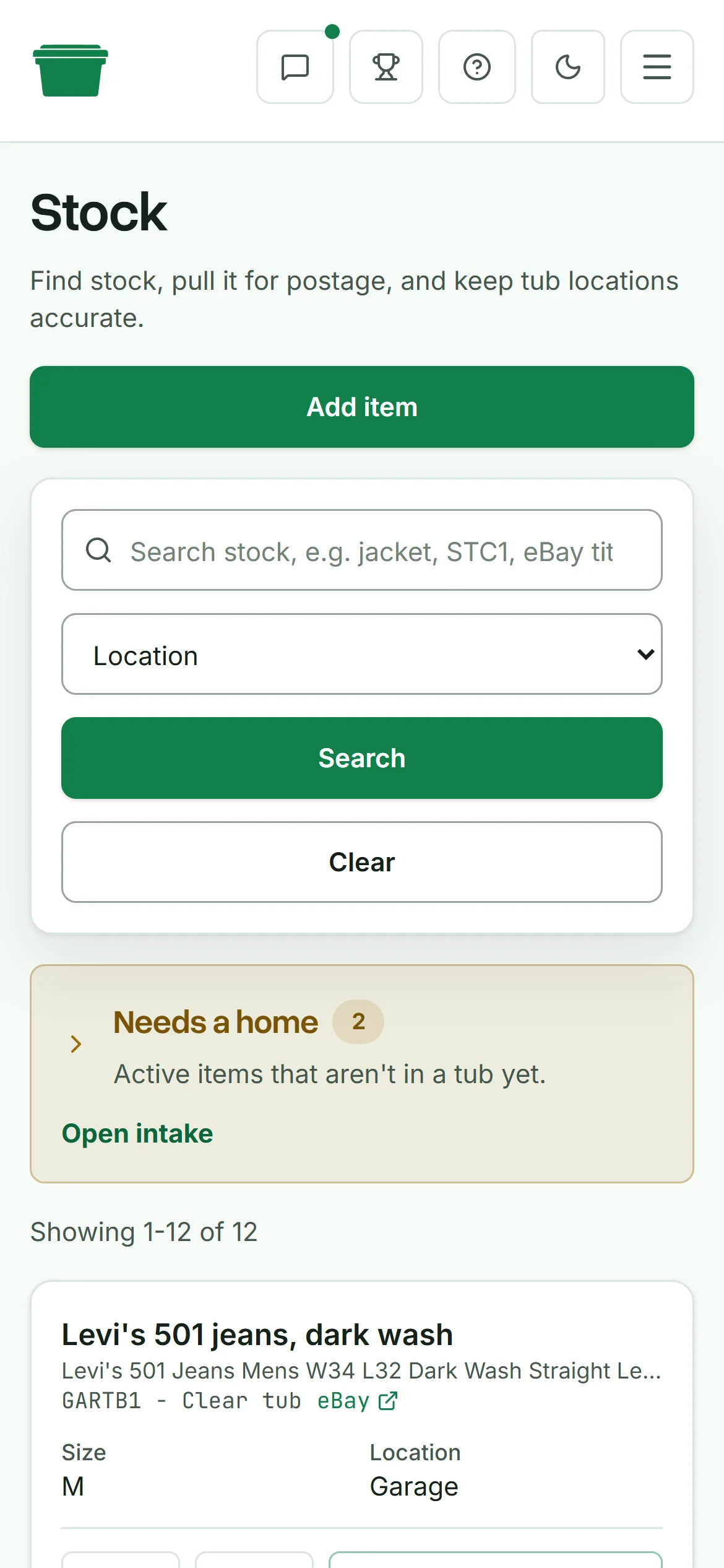Deathpile stock search showing item titles, quantities, sizes, and tub locations