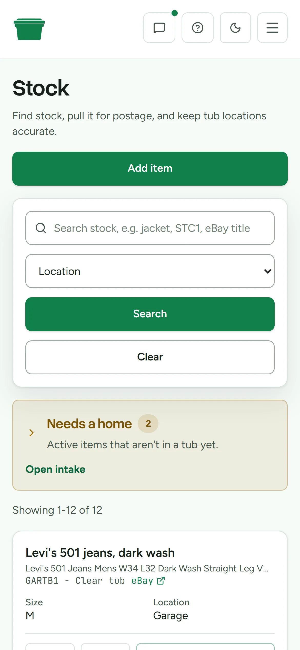 Deathpile stock search showing item titles, quantities, sizes, and tub locations