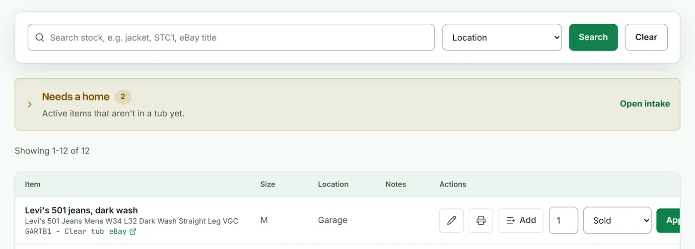 Deathpile stock search showing item titles, quantities, sizes, and tub locations