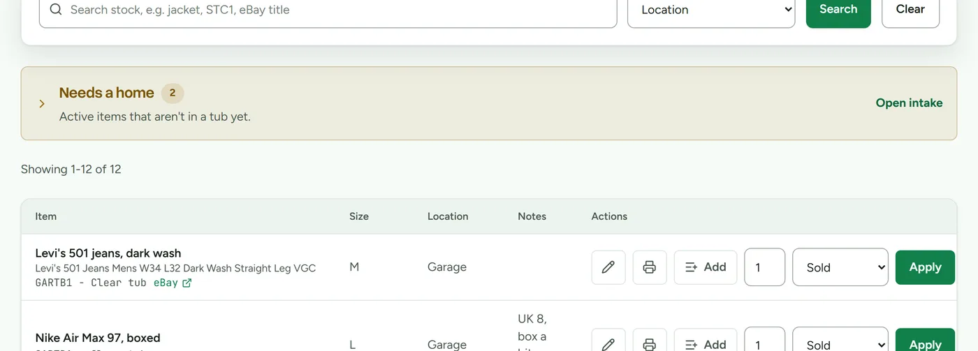 Deathpile stock search showing item titles, quantities, sizes, and tub locations