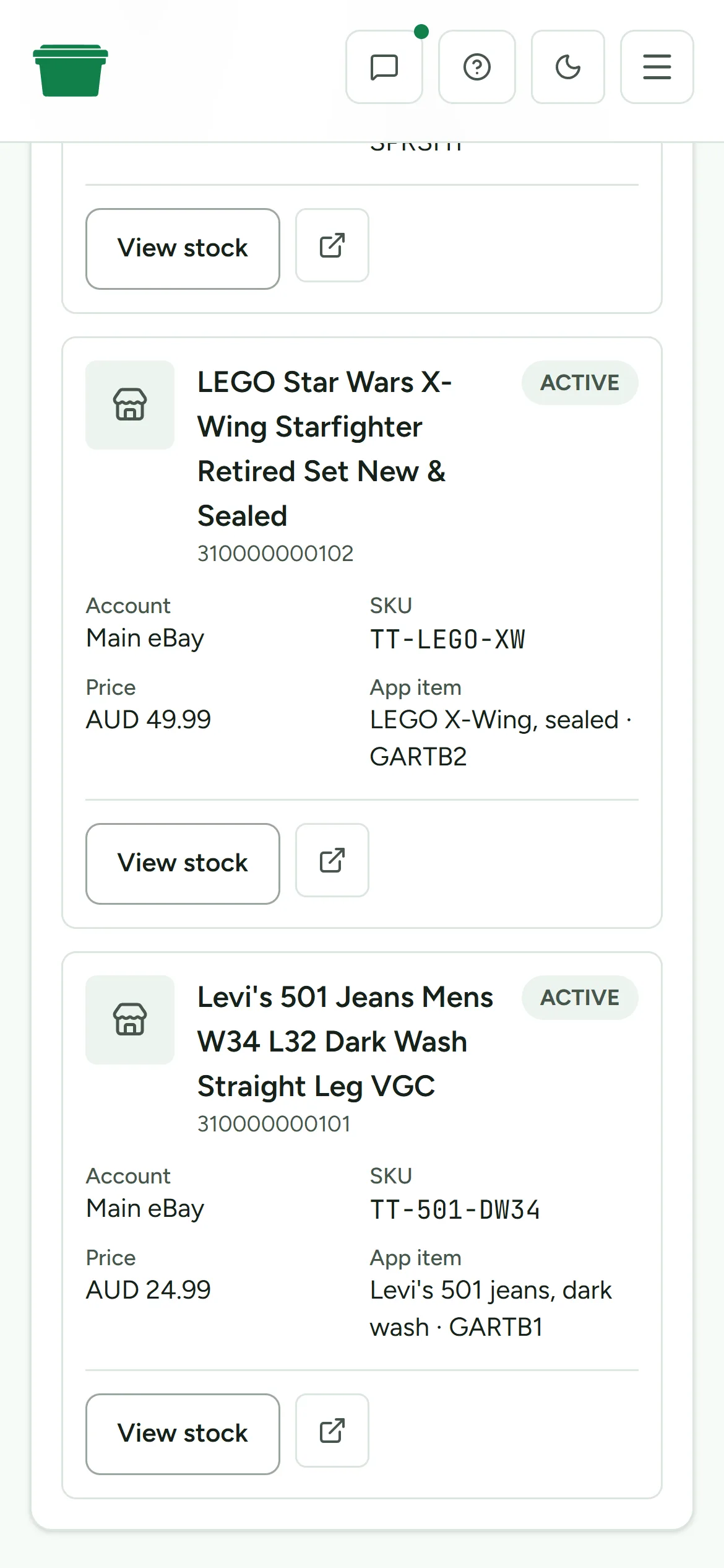 Synced eBay listings matched to stock items and tubs
