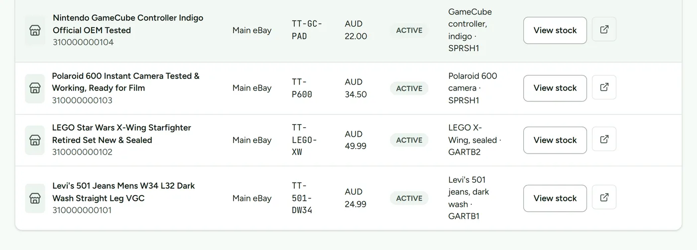 Synced eBay listings matched to stock items and tubs