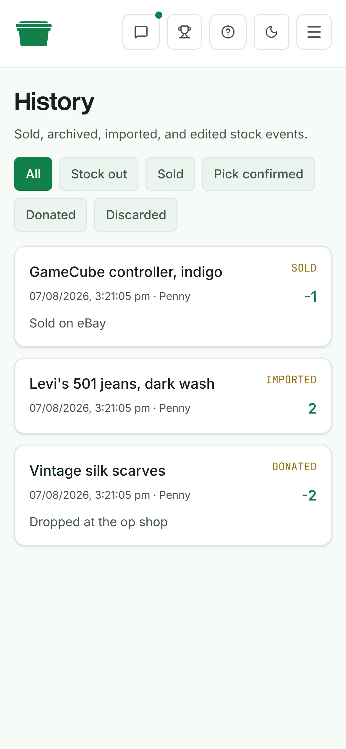 The History page showing sold, imported, and donated events
