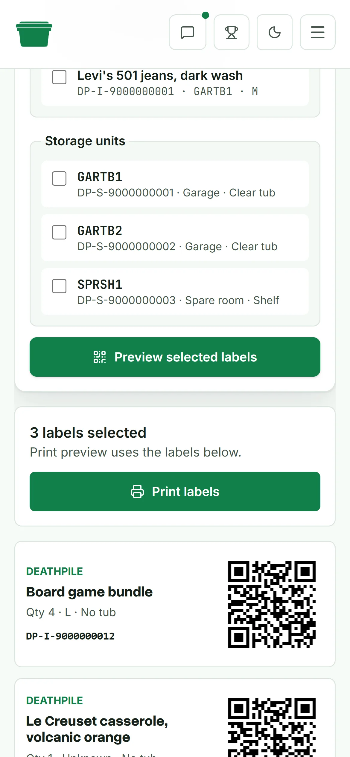 QR label previews for stock items and a storage tub