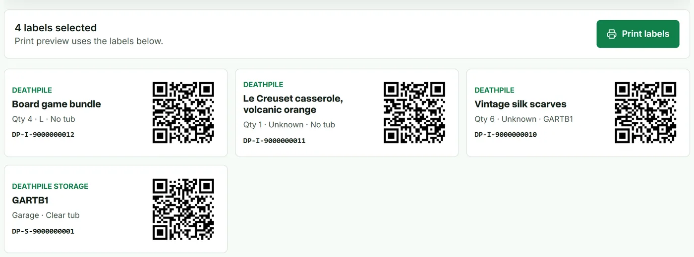 QR label previews for stock items and a storage tub