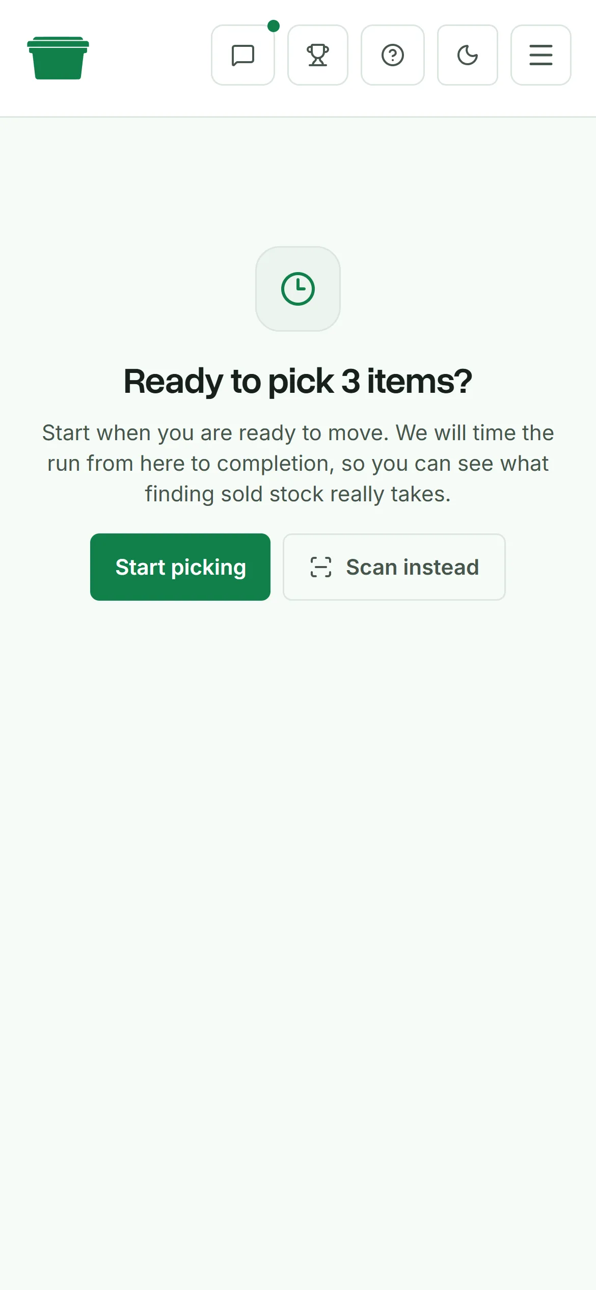 The pick list grouped by location with scan pick and mark-sold actions