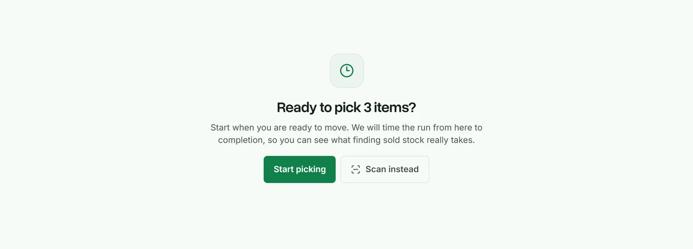 The pick list grouped by location with scan pick and mark-sold actions