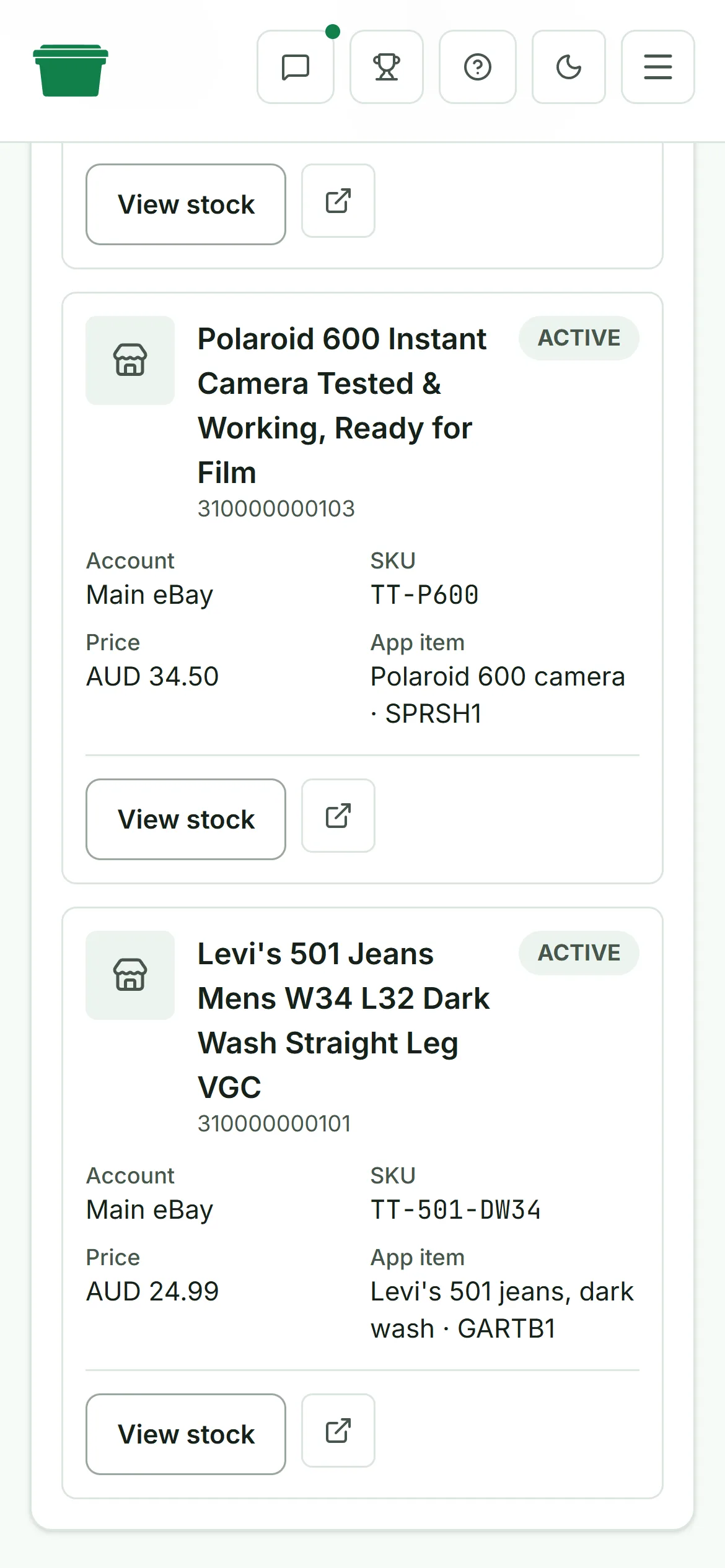 Synced eBay listings matched to stock items and tubs
