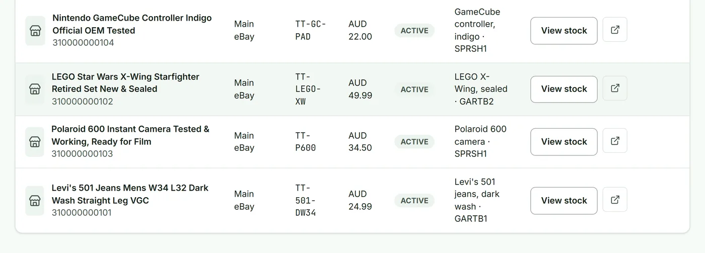 Synced eBay listings matched to stock items and tubs